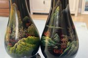 Pair of vintage  black  Chinese lacquerware vases