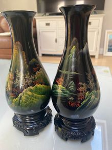 Pair of vintage  black  Chinese lacquerware vases