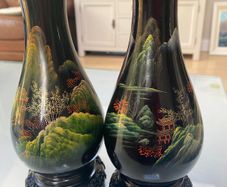 Pair of vintage  black  Chinese lacquerware vases