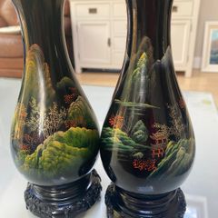 Pair of vintage  black  Chinese lacquerware vases