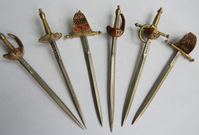 Vintage Set of 6 Enameled Cocktail Sticks Swords By Toledo of Spain 1960s
