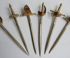 Vintage Set of 6 Enameled Cocktail Sticks Swords By Toledo of Spain 1960s