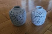 White Open Latticework Design China Vases x2