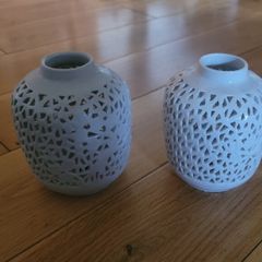 White Open Latticework Design China Vases x2