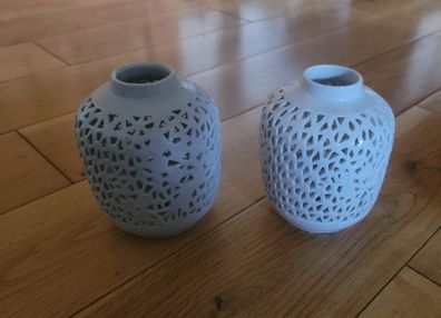 White Open Latticework Design China Vases x2