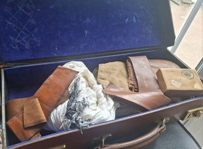 Vintage 1930's Military Brown Leather Victor/Cheney Case  with Military items