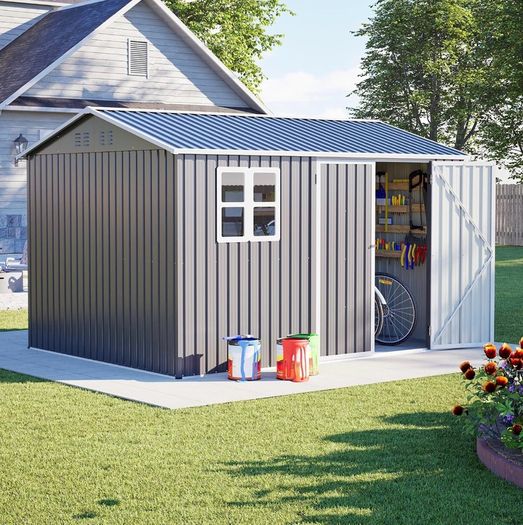 8 x 10 ft Outdoor Storage Shed Galvanized Metal Bike Shed, Tiny House Garden Tool Storage with Air Vent and Slide Door for Backyard Patio Lawn, Gray