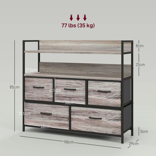 Rustic Chest of Five Fabric Drawers - Grey Wood Effect