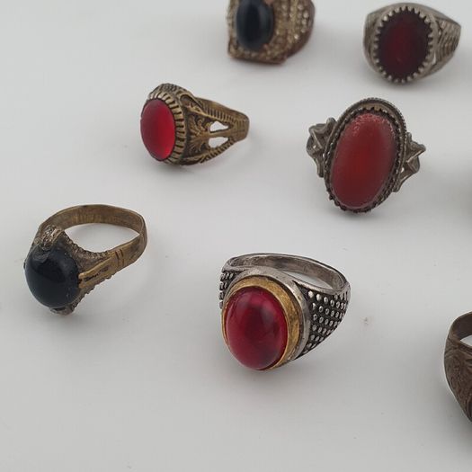 15 Antique Style Brass Rings Mixed Stone & Colourful Glass Accents