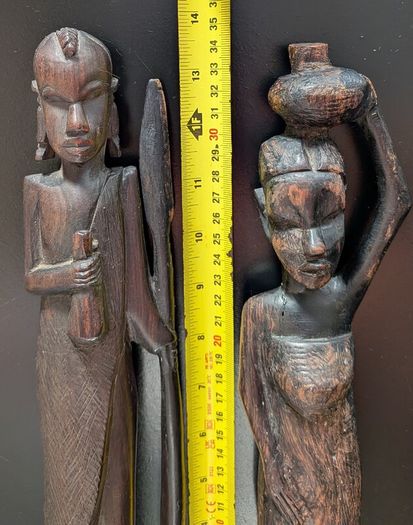 African Wooden Figures Pair Warrior Spear Water Carrier Hand Carved