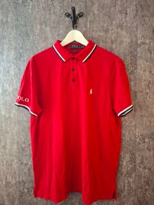 Polo Ralph Lauren Men's L Polo Shirt Red White Tipped Big Sleeve Logo Custom Fit