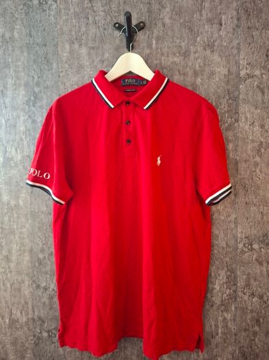 Polo Ralph Lauren Men's L Polo Shirt Red White Tipped Big Sleeve Logo Custom Fit