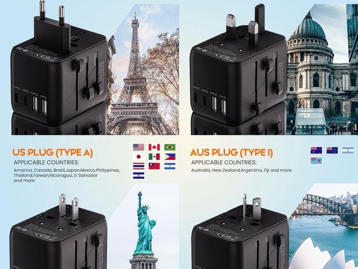 Universal Travel Adapter, Travel Plug Adapter Worldwide Travel Charger with 2 USB-C & 2 USB-A Ports, Dual 10A Fuses, All-in-One International Travel Adapter - EU UK US AU Plugs