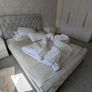 King size double bed frame with grey fabric headboard Image 2