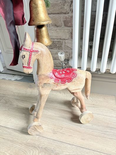 New vintage inspired 45cm high hand carved horse on wheels with washed wood finish