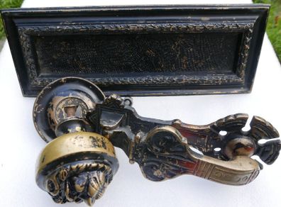 Victorian Heavy Door Brace Set - Letter Plate set  Brass Lion Face  Centre Knob Brass Door Knocker and Letter plate