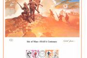1985 Isle of Man Limited Edition Lithographed Print measuring 333mm X 257mm showing Centenary of the Soldiers' Sailors and Airman's Families Association Commemorative Stamps with First Day of Issue Cancel