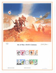 1985 Isle of Man Limited Edition Lithographed Print measuring 333mm X 257mm showing Centenary of the Soldiers' Sailors and Airman's Families Association Commemorative Stamps with First Day of Issue Cancel