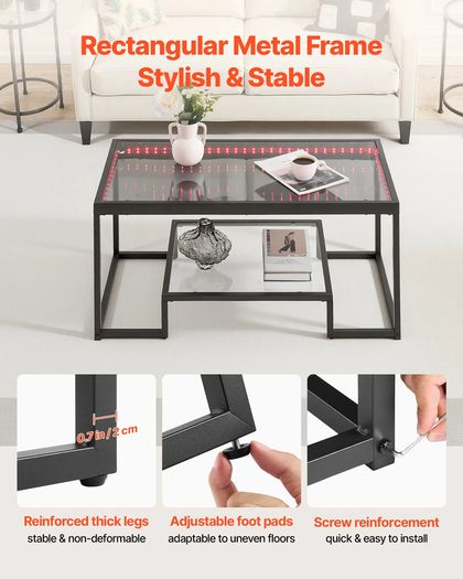 Coffee Table, Modern Tempered Glass Coffee Table with Lighting, 2 Tiers Rectangle Glass Center Desk with Open Storage, Minimalist Metal Accent End Desk for Living Room, Office, Easy Assembly