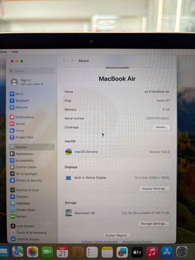 Macbook Air M1 13.3 | 8gb Ram | 256gb Ssd | 189 Cycles
