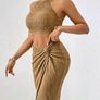 Beige Crop Halter Top and Twist Front Split Thigh Skirt set Image 3