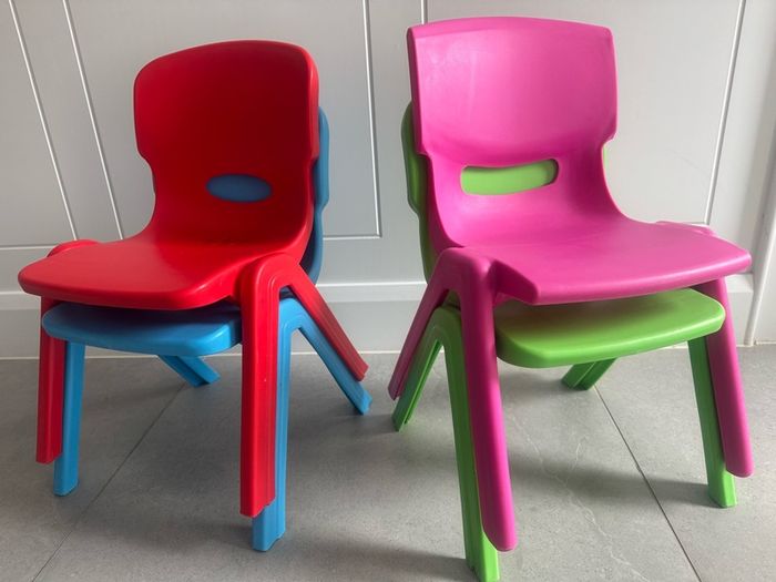 Kids child strong stackable colour chairs x 4