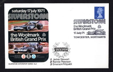 1971 Great Britain cover marking the Woolmark British Grand Prix (prelude to F1) at Silverstone, on 17th July 1971 with Jackie Steward winning tying 3p definitive stamp