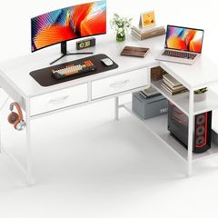 L Shaped Computer Desk with 2 Drawers,Office Corner Desk, White 100cm,2 Drawers and 2 Storag  e Shelves for Extra Storage, Compact Corner fit Design, Perfect for Home Workspace & Study use