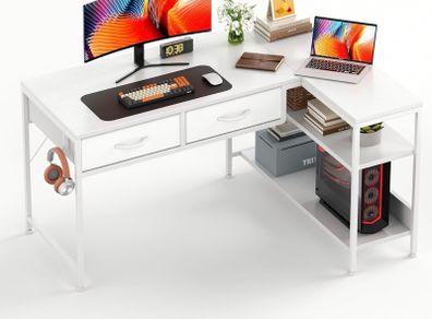 L Shaped Computer Desk with 2 Drawers,Office Corner Desk, White 100cm,2 Drawers and 2 Storag  e Shelves for Extra Storage, Compact Corner fit Design, Perfect for Home Workspace & Study use