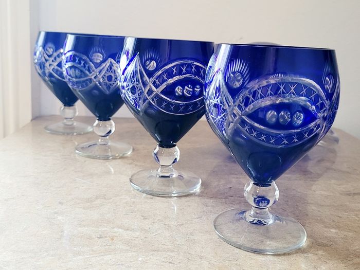 Bohemian Bristol blue cut glass jug & glasses
