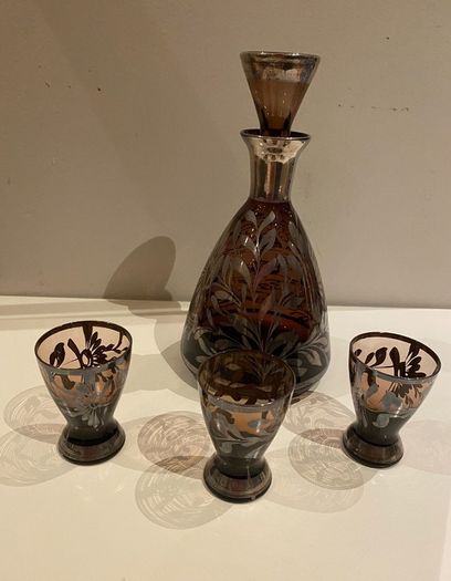Amethyst Silver Decorated Decanter VINTAGE    With Three Matching Glasses