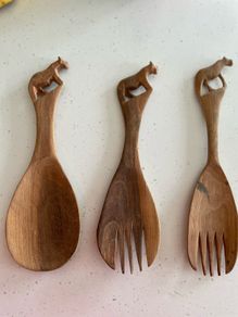 Vintage Hand Carved Wooden Salad Servers