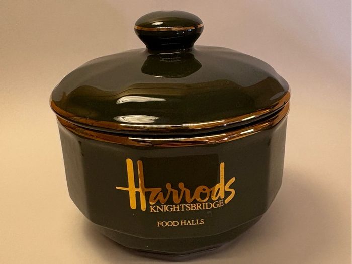 Vintage Harrods Food Halls Apilco France Lidded Preserve Pot / Sugar Bowl Green & Gold
