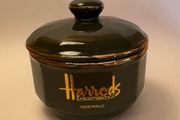 Vintage Harrods Food Halls Apilco France Lidded Preserve Pot / Sugar Bowl Green &amp; Gold