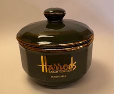 Vintage Harrods Food Halls Apilco France Lidded Preserve Pot / Sugar Bowl Green & Gold