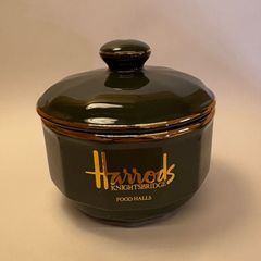Vintage Harrods Food Halls Apilco France Lidded Preserve Pot / Sugar Bowl Green & Gold