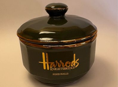 Vintage Harrods Food Halls Apilco France Lidded Preserve Pot / Sugar Bowl Green & Gold