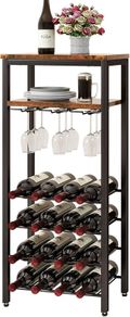 Wine Racks Freestanding Floor,Liquor Bottle Holder,16 Bottles Wine Cabinet with Glass Holder,Wine Holder Display,Mini Wine Bar Table for Living Room,Kitchen Pantry,Dining Room,Brown