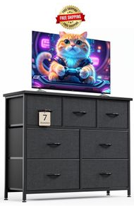 Chest of Drawers for Bedroom with 7 Drawers, Fabric Storage Drawer, Tall Black Hallway Storage Unit
