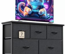 Chest of Drawers for Bedroom with 7 Drawers, Fabric Storage Drawer, Tall Black Hallway Storage Unit