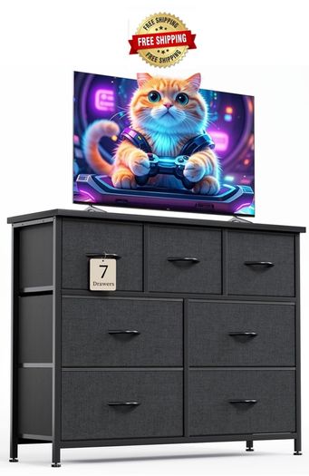 Chest of Drawers for Bedroom with 7 Drawers, Fabric Storage Drawer, Tall Black Hallway Storage Unit