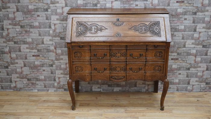 French Louis XV Revival Carved Solid Oak Bureau/Secretary, c.1920s