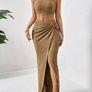 Beige Crop Halter Top and Twist Front Split Thigh Skirt set Image 4