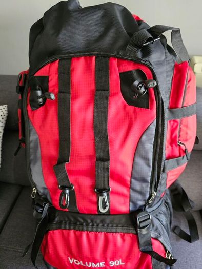 90 L Hiking backpack. Trekking backpack. Camping backpack. Red.