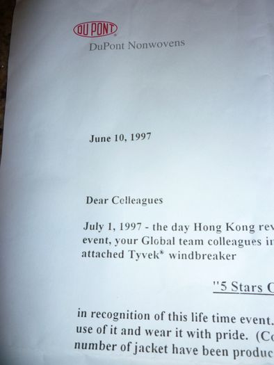 Hong Kong... CHINA .... Commemorative Dupont Jacket. July 1st 1997 Limited Edition with papers.