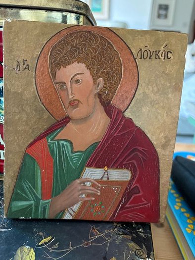 Vintage Hand Painted religious Icon of St Luke on wood Byzantine style