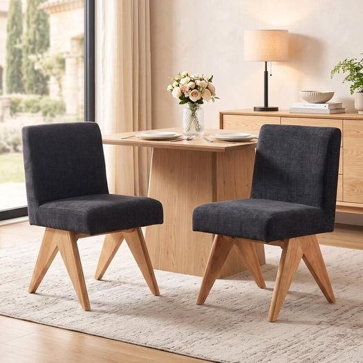 Set of 2 Modern Dining Chairs with V shaped Wooden Legs Chenille Beige Armless Kitchen Chairs with Soft Chenille Cover and Sturdy Wooden Leg