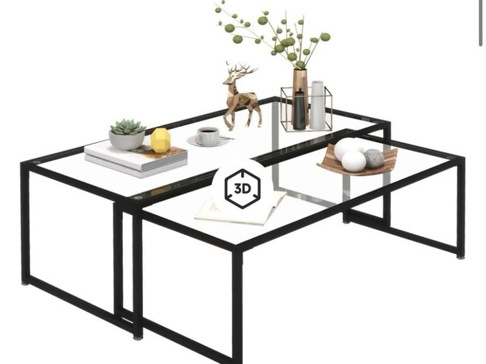 Set of 2 Coffee Tables, Glass Tables, with Powder-Coated Steel, Black + Transparent