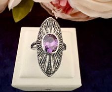 Vintage Sterling Silver Amethyst & Marcasite Art Deco Statement Ring