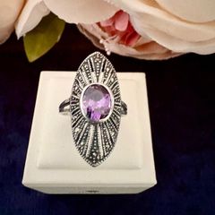Vintage Sterling Silver Amethyst & Marcasite Art Deco Statement Ring
